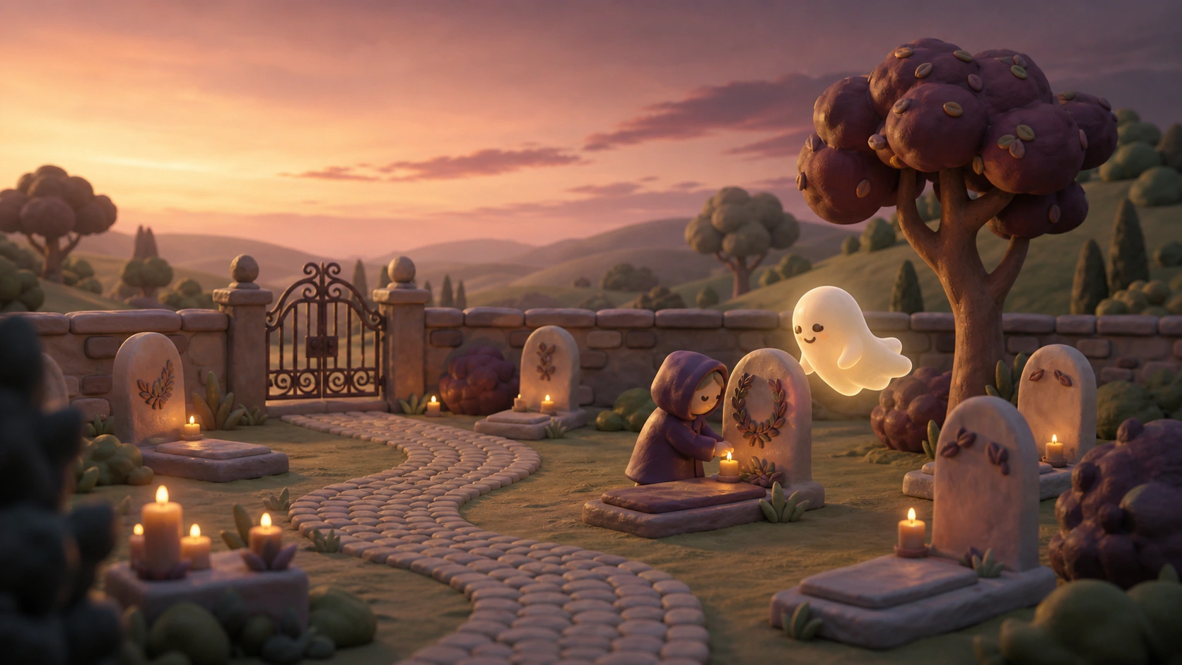 A handcrafted twilight cemetery where a small caretaker lights a candle beside a friendly glowing spirit.