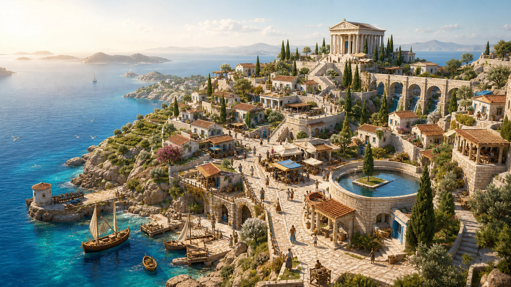 A living Aegean island city of limestone homes, terracotta roofs, markets, aqueducts and a hilltop temple above blue water.