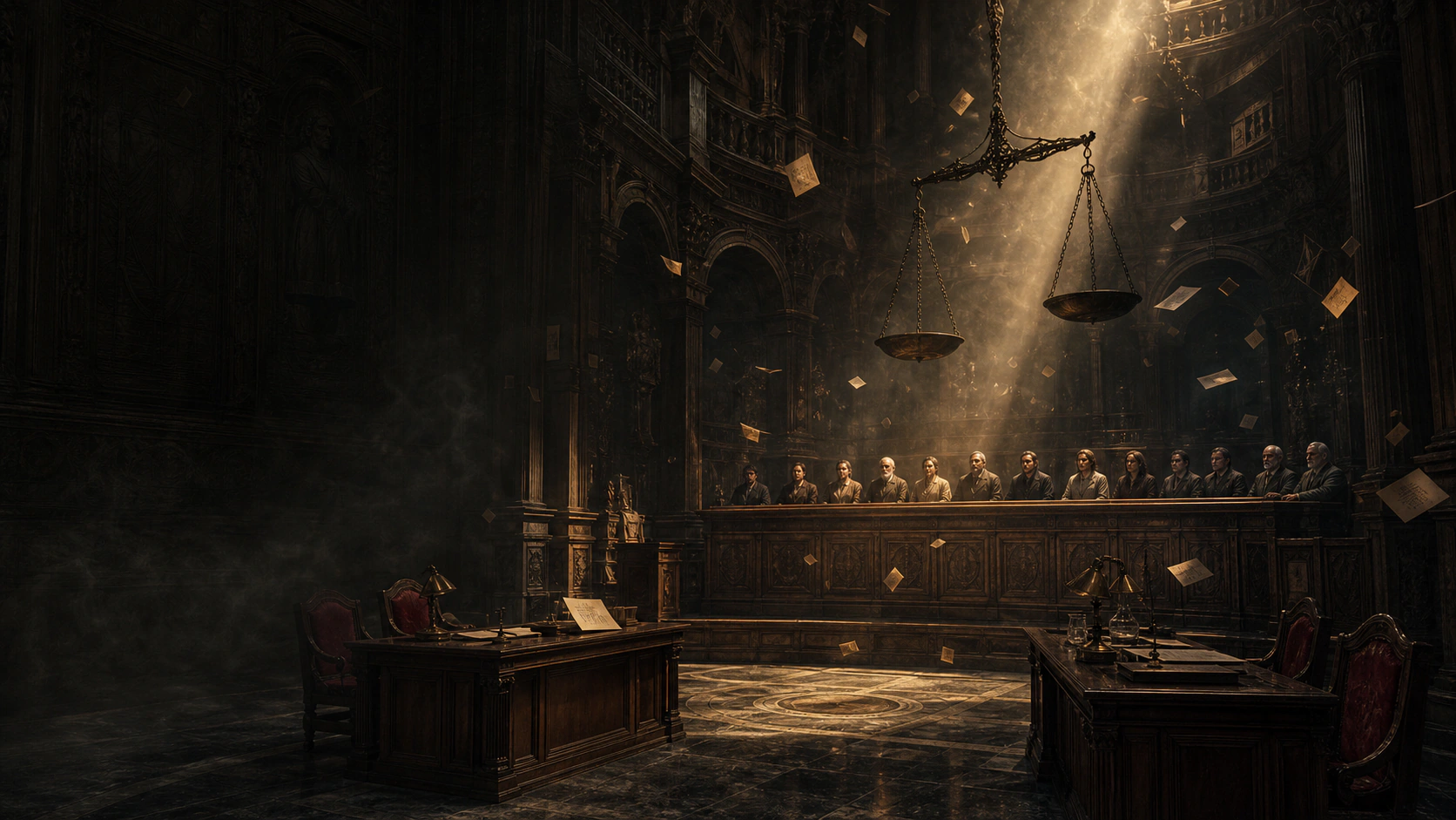 A surreal monumental courtroom where a jury sits beneath suspended scales and drifting evidence in a shaft of warm light.