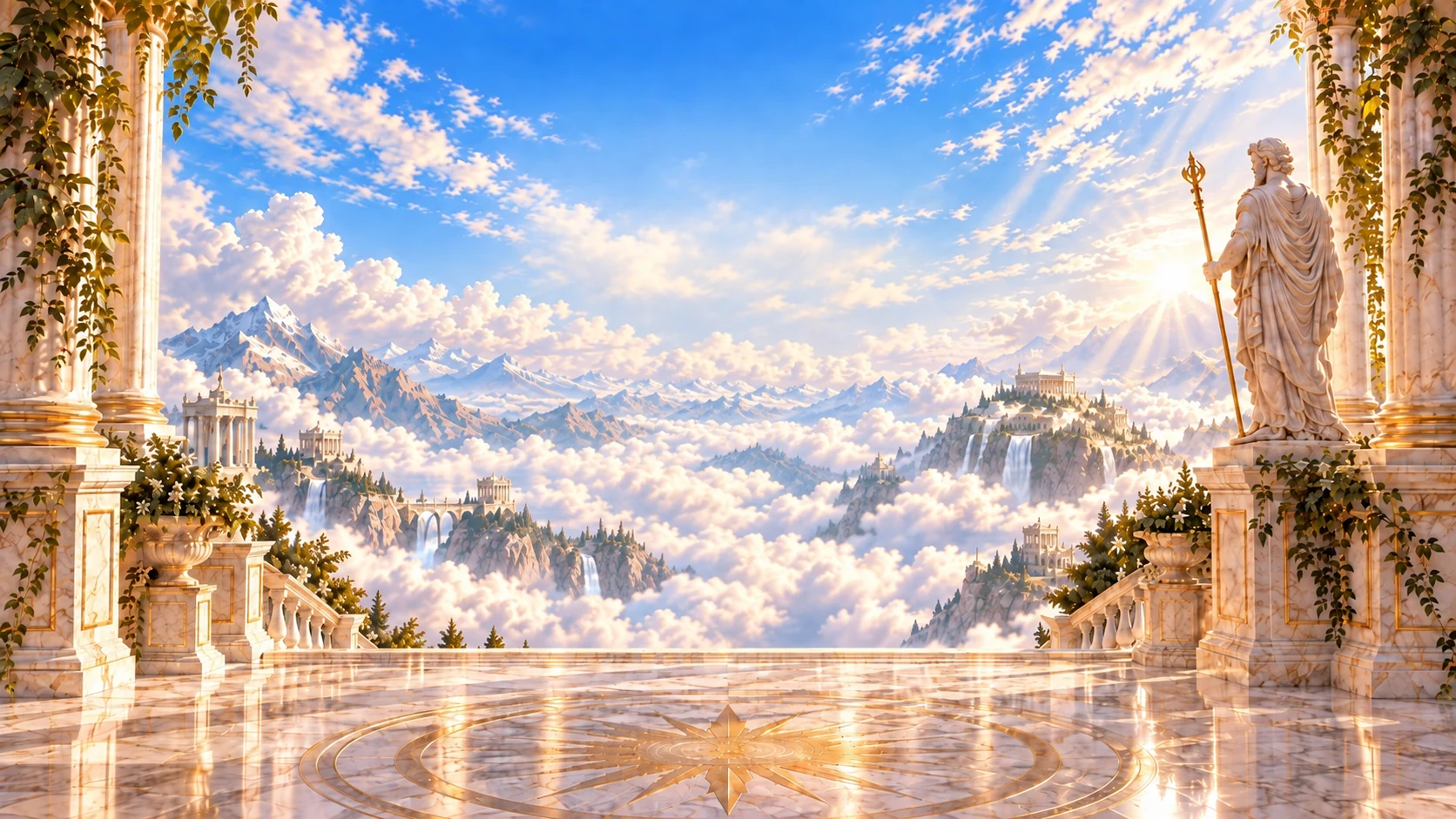 Sunlit marble columns frame an Olympian sanctuary, with distant temples, mountains and clouds above the sea.
